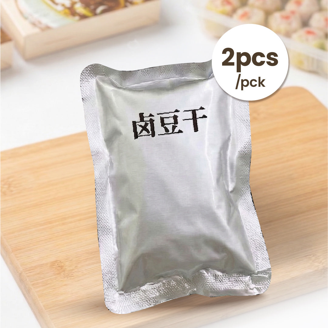 Sealed pack containing two pieces of Teochew braised dried tofu